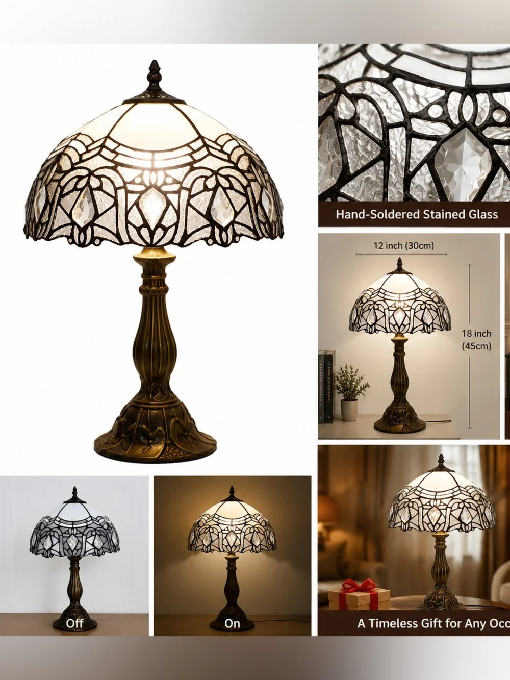 Tiffany Style Stained Glass Table Lamp White Crystal Bedside 18”